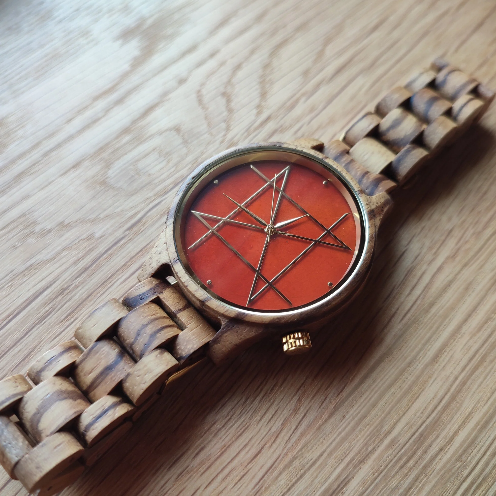 Japanese Handmade Wrist Watch "NOZ" • Made of Carnelian, Zebra Wood • Swiss Movement - Image 3