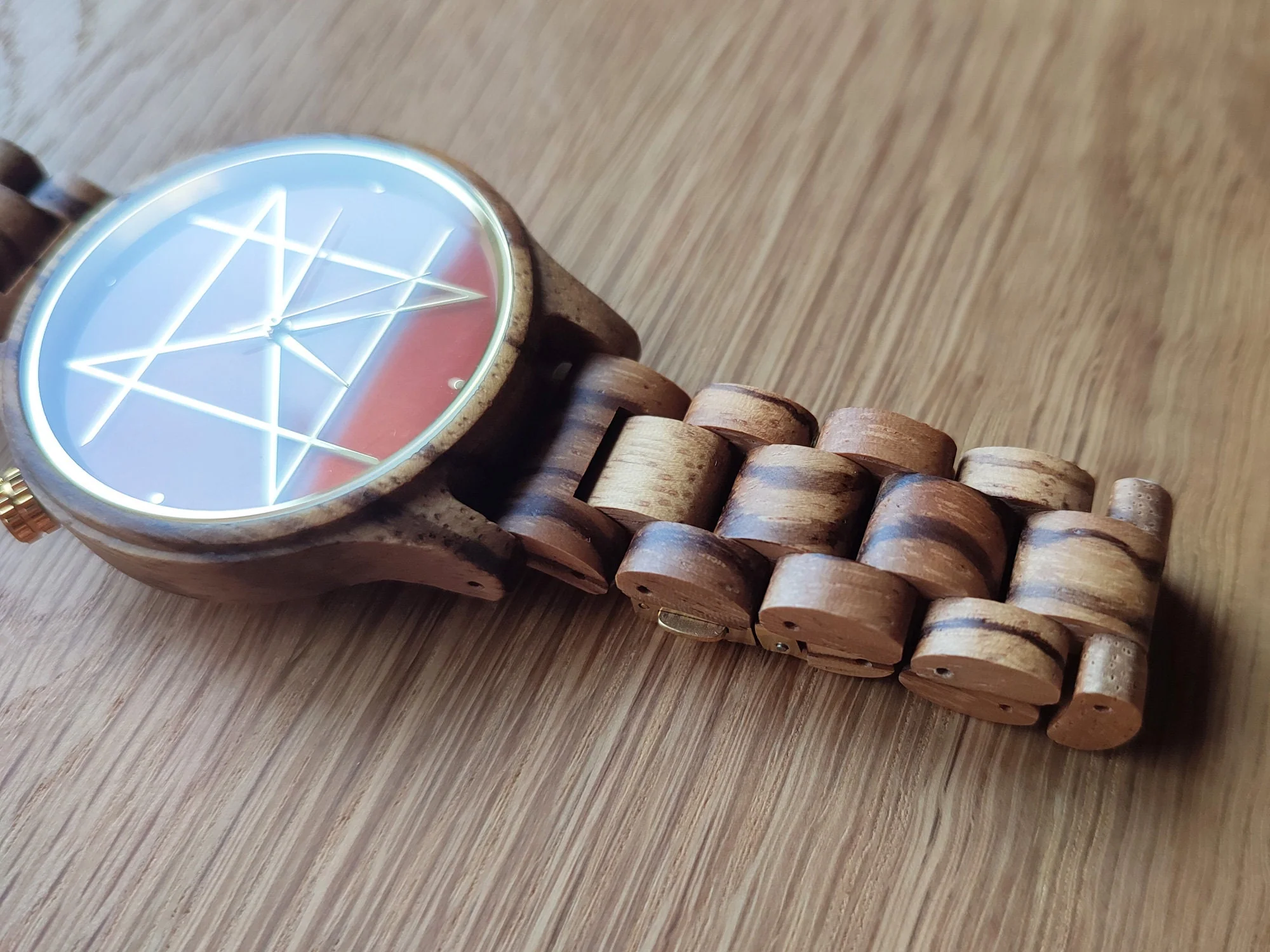 Japanese Handmade Wrist Watch "NOZ" • Made of Carnelian, Zebra Wood • Swiss Movement - Image 4