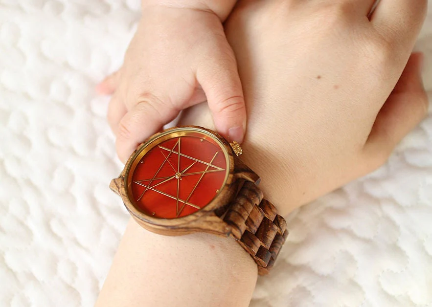 Japanese Handmade Wrist Watch "NOZ" • Made of Carnelian, Zebra Wood • Swiss Movement - Image 8