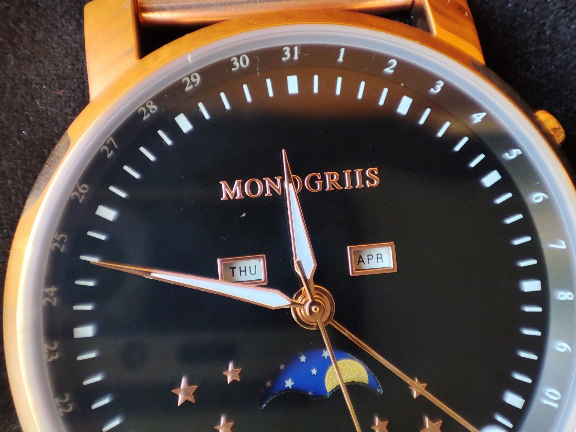 Japanese Wrist Watch "Monogriis" • Black Onyx Dial with Moon Phase Calendar - Image 3