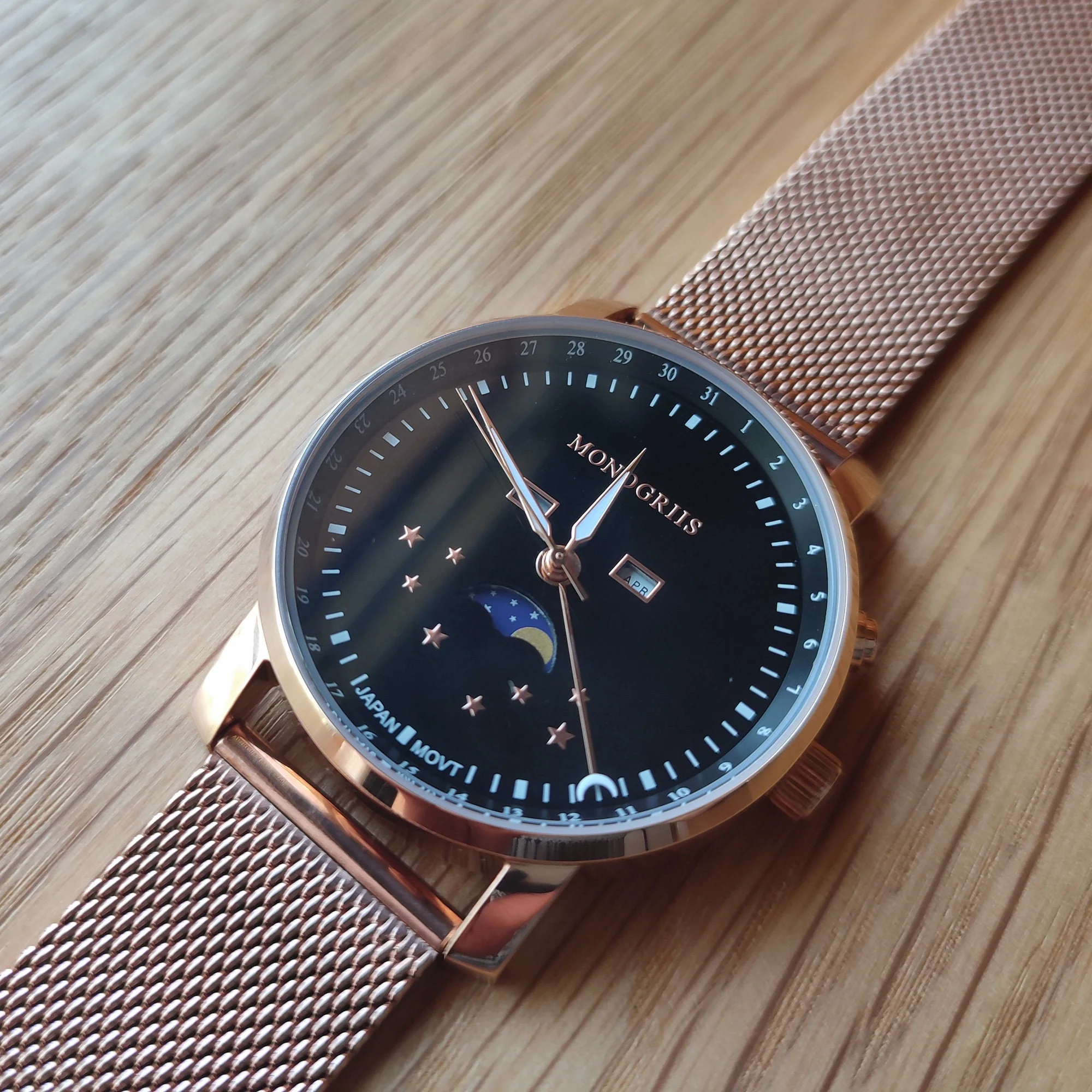 Japanese Wrist Watch "Monogriis" • Black Onyx Dial with Moon Phase Calendar - Image 4