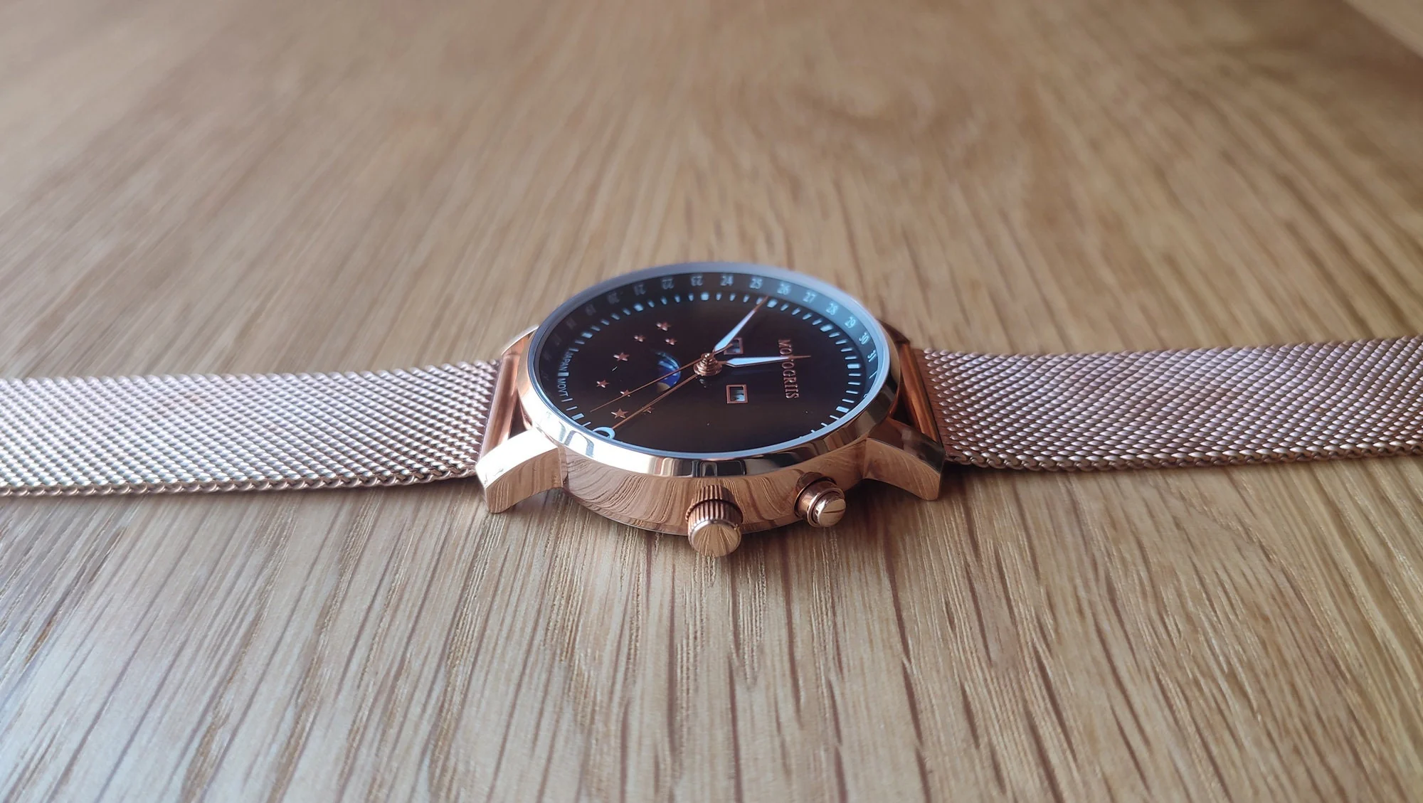 Japanese Wrist Watch "Monogriis" • Black Onyx Dial with Moon Phase Calendar - Image 5