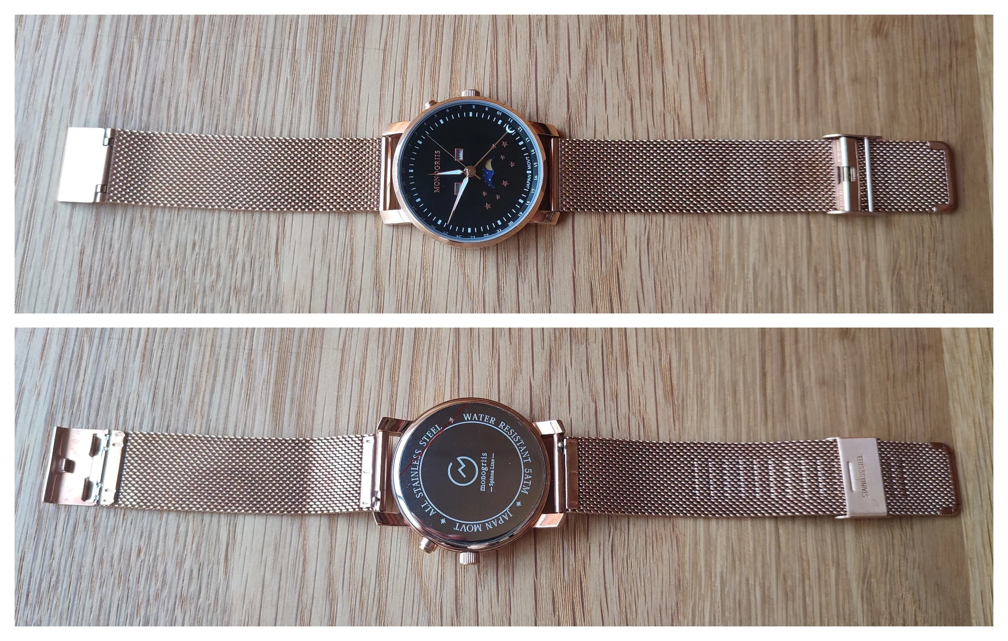 Japanese Wrist Watch "Monogriis" • Black Onyx Dial with Moon Phase Calendar - Image 7