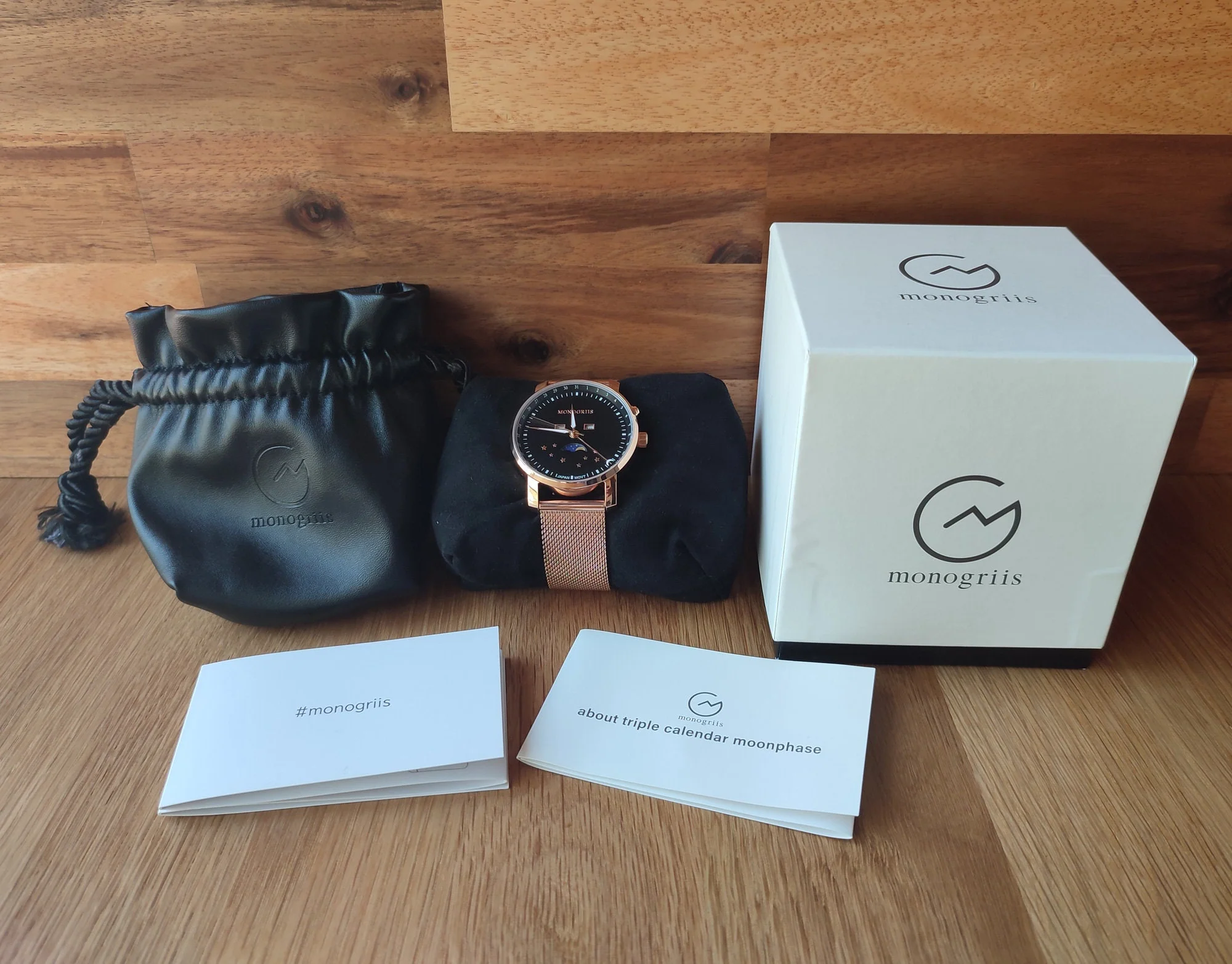 Japanese Wrist Watch "Monogriis" • Black Onyx Dial with Moon Phase Calendar - Image 8