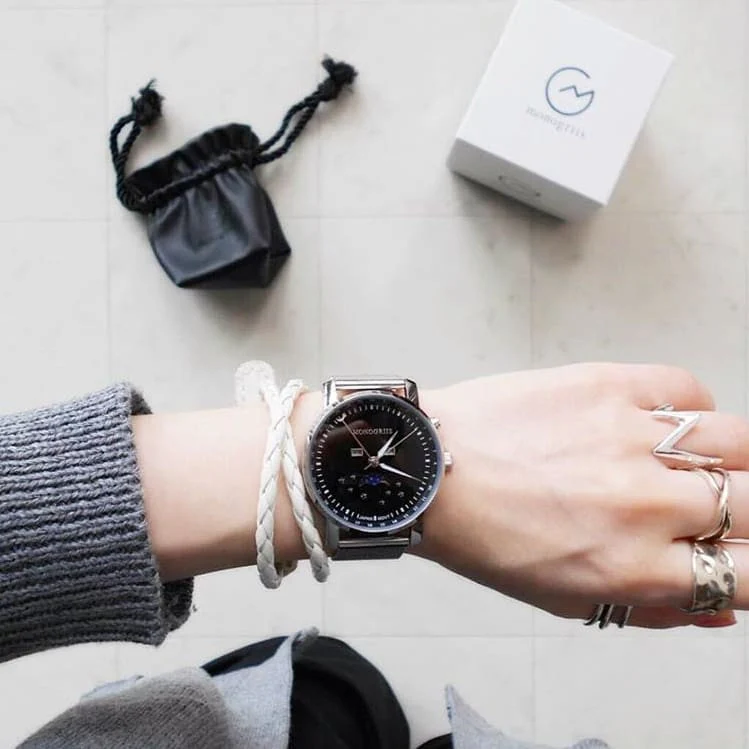 Japanese Wrist Watch "Monogriis" • Black Onyx Dial with Moon Phase Calendar - Image 9