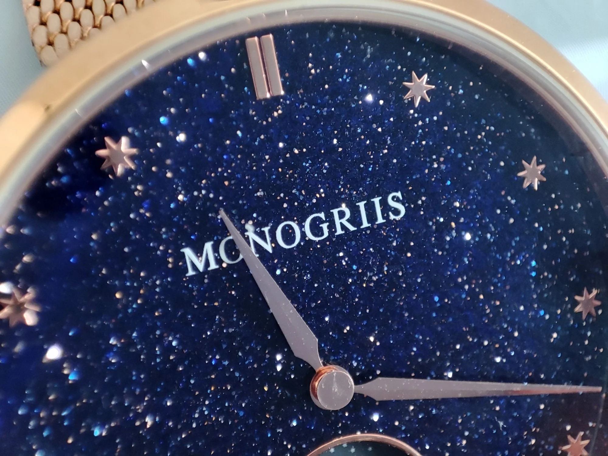 Japanese Watch with Moon Phase Calendar "Monogriis" • Large Round Wrist Watches for Men/Women • Stars, Space, Cosmos, Moon, Romantic - Image 3