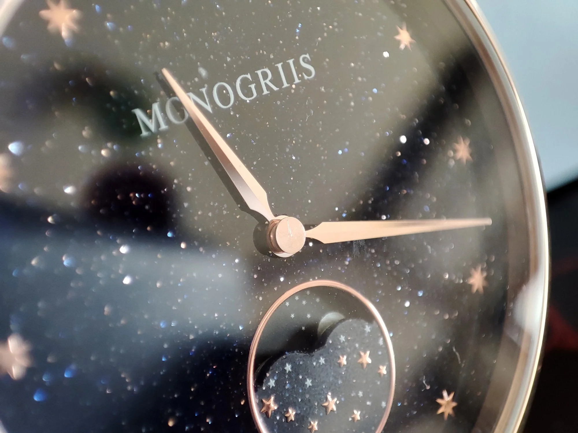 Japanese Watch with Moon Phase Calendar "Monogriis" • Large Round Wrist Watches for Men/Women • Stars, Space, Cosmos, Moon, Romantic - Image 4