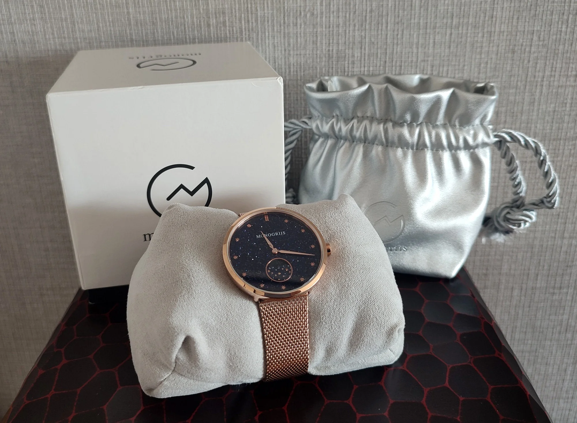 Japanese Watch with Moon Phase Calendar "Monogriis" • Large Round Wrist Watches for Men/Women • Stars, Space, Cosmos, Moon, Romantic - Image 8