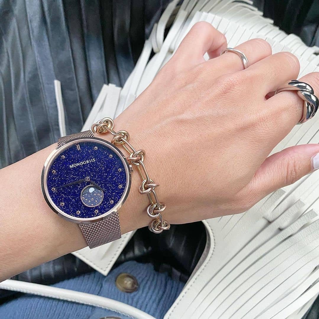Japanese Watch with Moon Phase Calendar "Monogriis" • Large Round Wrist Watches for Men/Women • Stars, Space, Cosmos, Moon, Romantic - Image 9